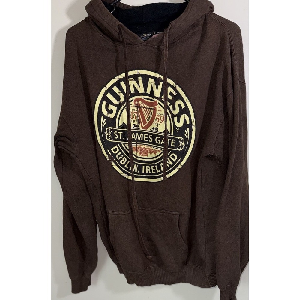 Guinness St. James Gate Hoodie Men Large Brown Graphic Distressed Grunge Y2K